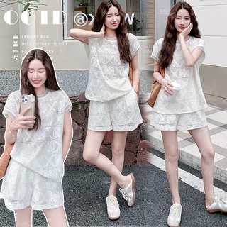 Swan shop ชุดเซ็ตเสื้อลูกไม้ถักโครเชต์สีครีม + กางเกงขาสั้น เอวสม็อค ทรงหลวม ใส่สบาย ลุคคาเฟ่/เที่ยวทะเล สไตล์เกาหลี