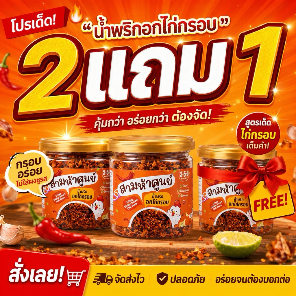 2แถม1 โปร!! น้ำพริกอกไก่กรอบ(กรอบนาน อร่อยนาน ปริมาณ50กรัม ไม่ใส่สารกันเสีย)