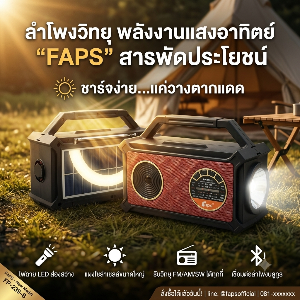 "NEW"👍วิทยุโซลาร์เซลล์บลูธูท FP-236-S เสียบเมม/แฟลชไดร์ฟได้ มีไฟฉาย มีแบตในตัว👍
