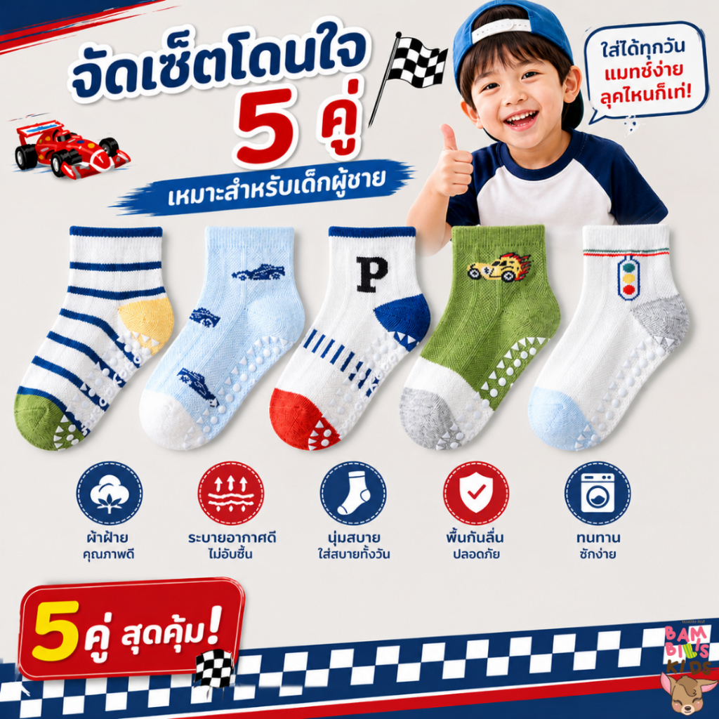 Bambilis : ⚡พร้อมส่ง⚡ ถุงเท้าเด็ก ถุงเท้าเด็กกันลื่นข้อสั้น  1 แพคมี 5 คู่ ลายรถแข่ง