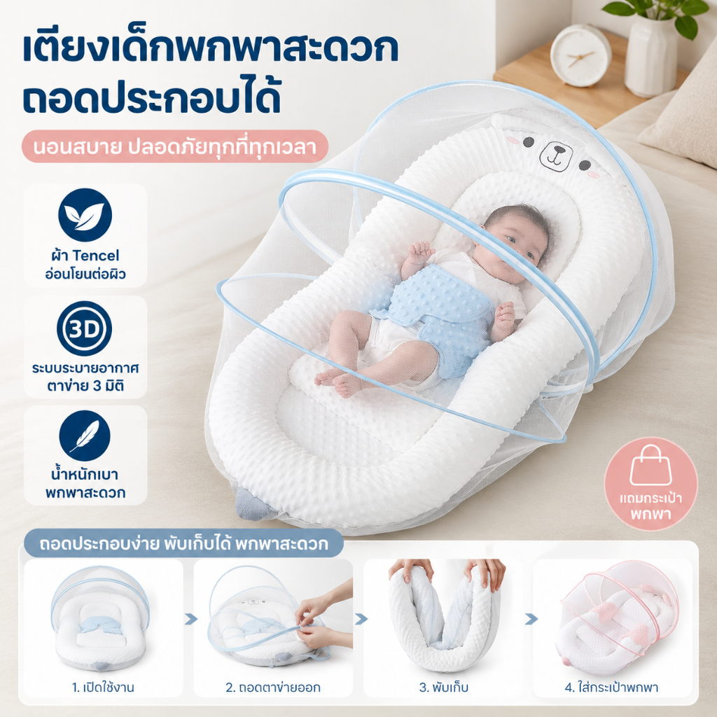 ที่นอนเด็ เบาะนอนเด็กไรฝุ่น คุณภาพสูง ป้องกันภูมิแพ้ เป็นมิตรต่อผิวหนังพร้อมมุ้งกันยุงแบบถอดออกได้