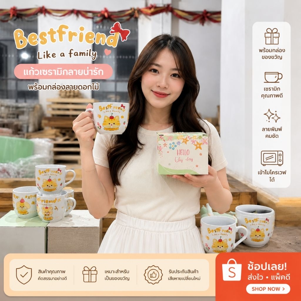 (โล๊ะสต๊อก)กล่องสีเขียว แก้วกาแฟแก้วเซรามิคแถมช้อน คละลายเข้าไมโครเวฟได้คละลายคละแบบ