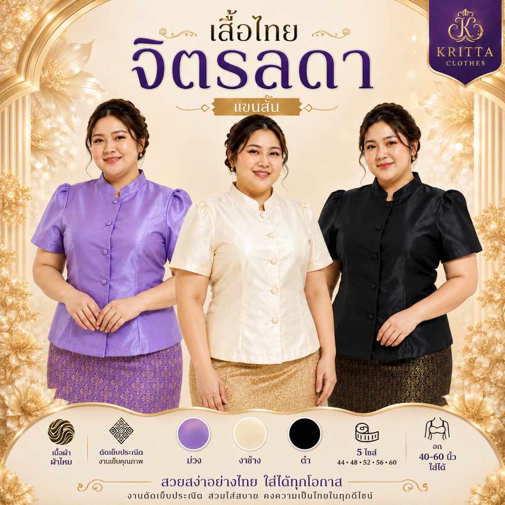 เสื้อไทยจิตรลดาแขนสั้น ไซส์ใหญ่ อก 40-60 นิ้ว ผ้าไหม สำหรับสุภาพสตรี - ผู้หญิง