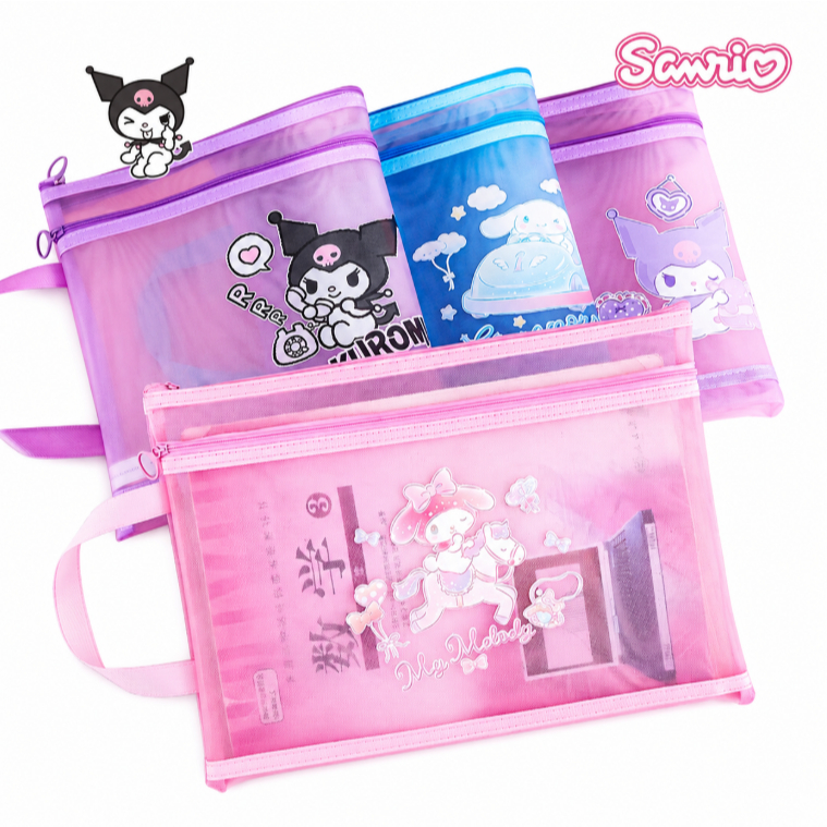 ถุงตาข่ายลวดลาย Sanrio ใส ขนาด A4 สองชั้น มีซิป เก็บหนังสือเรียน เอกสารได้