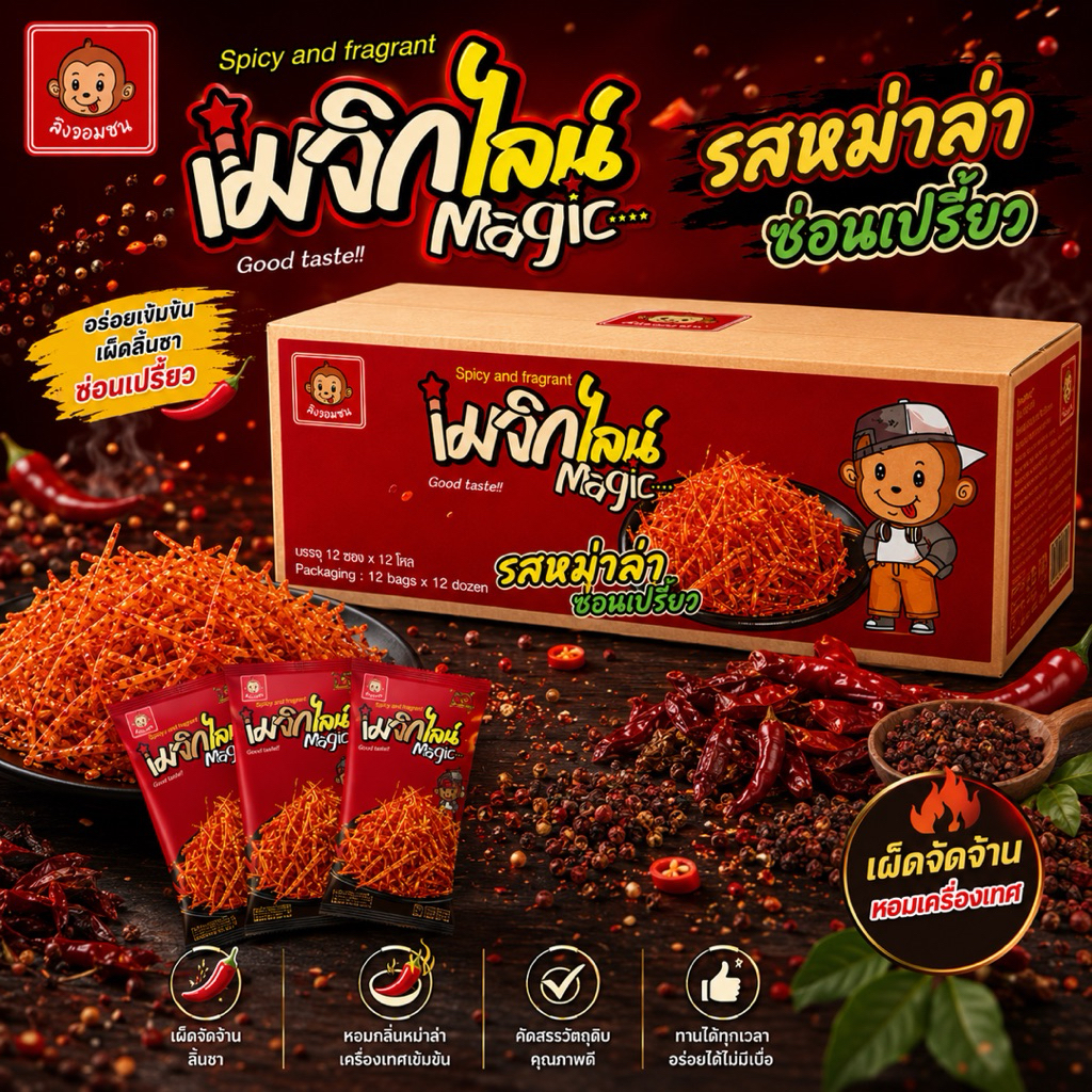 ขนมเส้นหนึบ เมจิกไลน์ รสหม่าล่า ซ่อนเปรี้ยว ตราลิงจอมซน (ยกลัง 12 แพค 144 ซอง)