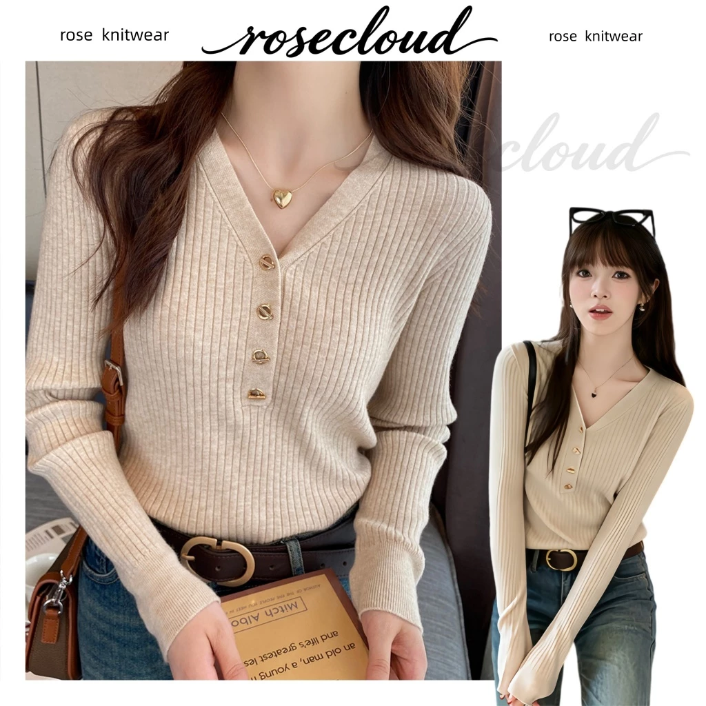 🌟rosecloud🌟เสื้อสเวตเตอร์แขนยาวถักสไตล์เกาหลีใหม่สำหรับผู้หญิง สวมใส่สบายและช่วยให้ดูผอมเพรียว มีกระดุมปรับได้7460