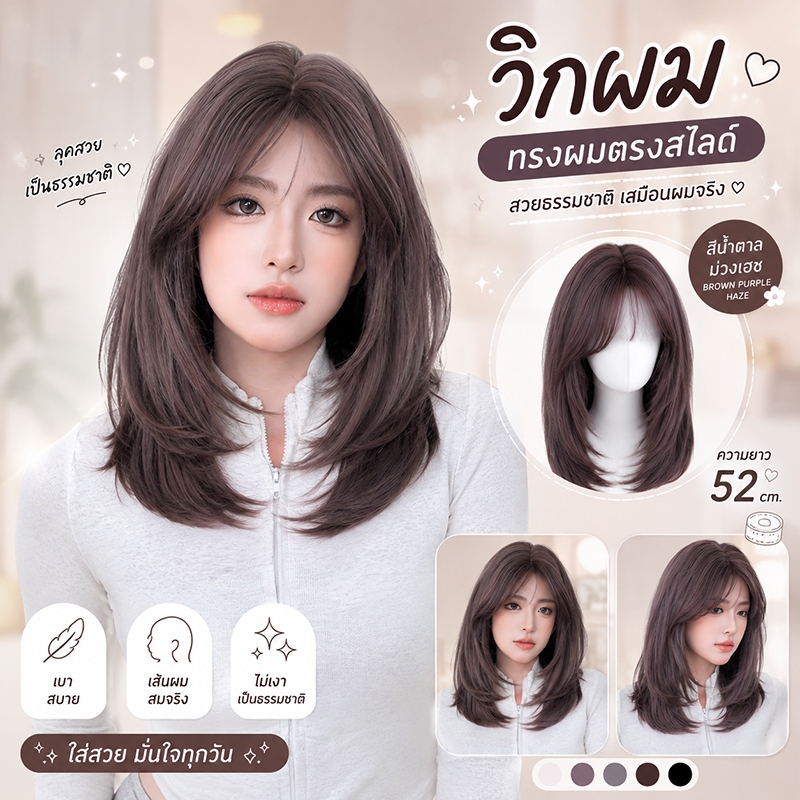 MAYAWIG วิกผมประบ่า สไลด์เลเยอร์ แสกกลาง มีไรผม สีน้ำตาลม่วงเฮซ (52 cm.) MS10