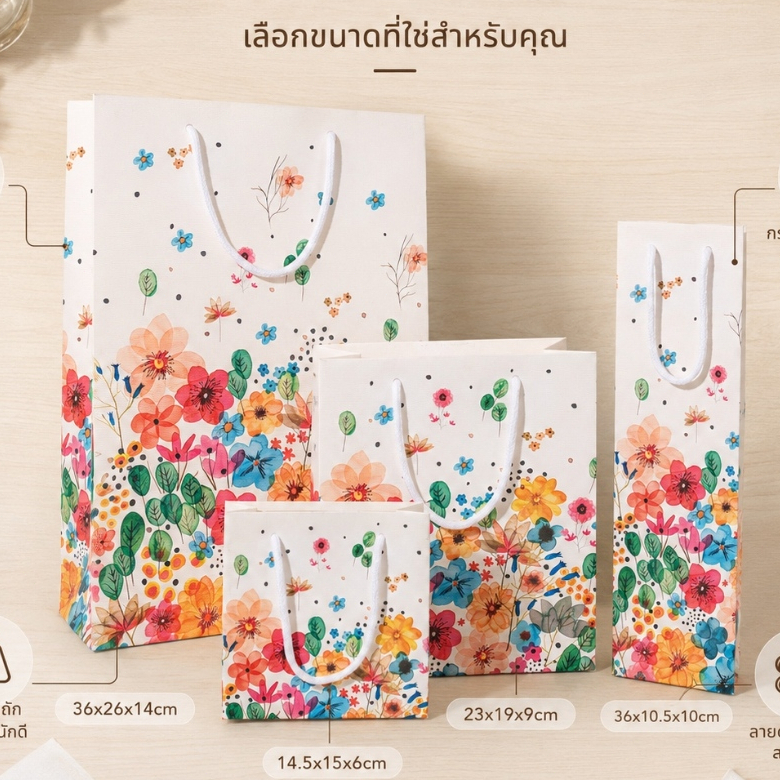 ถุงกระดาษของขวัญลายดอกไม้สีสดสไตล์สีน้ำมัน 4ขนาด กระดาษหนาพิเศษ หูหิ้วเชือกคอตตอน ใส่ดอกไม้ ไวน์ งานแต่ง ของชำร่วย