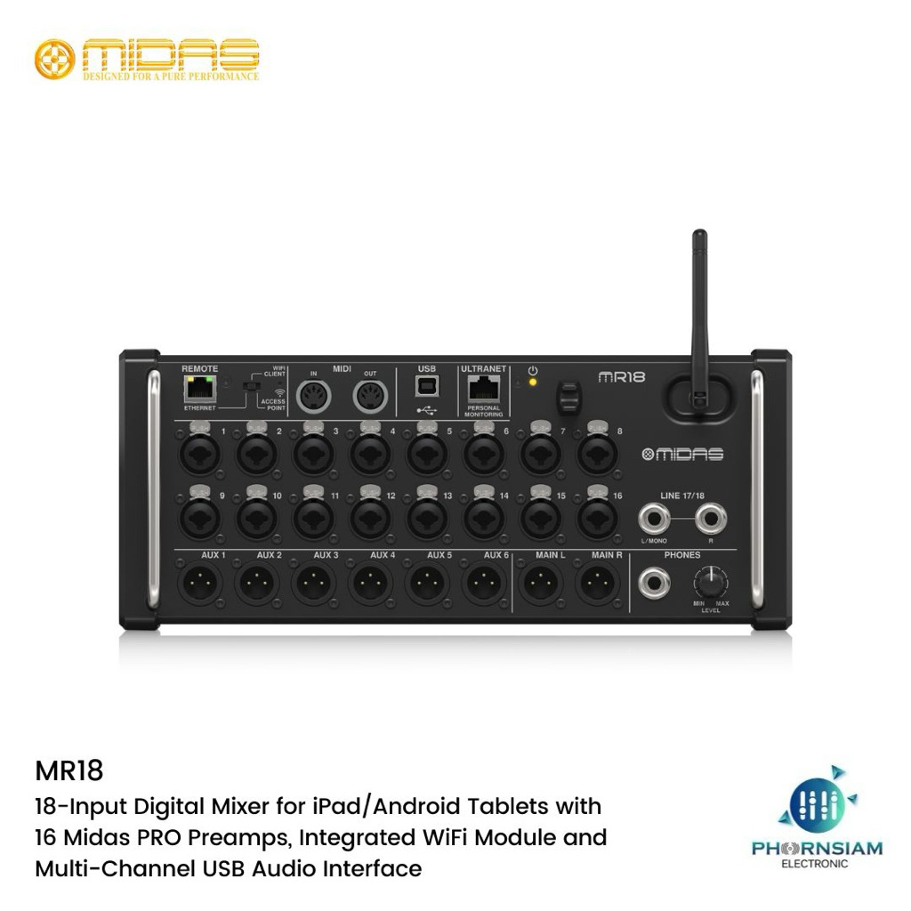 Midas MR18 มิกซ์แร็คดิจิตอล 18 อินพุต 6 Aux พร้อมเสาส่ง Wifi ในตัว