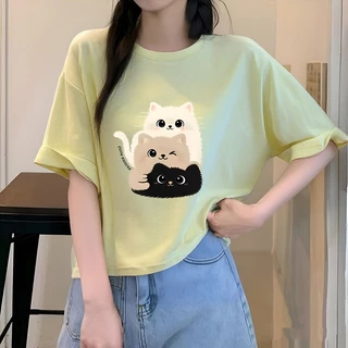 เสื้อครอปแขนสั้นทรงหลวมสไตล์เกาหลี oversize เสื้อผ้าแฟชั่นมาใหม่ เสื้อยืดผู้หญิงโอเวอร์ไซส์เสื้อผ้าสาวอวบ ลายแมวน่ารัก