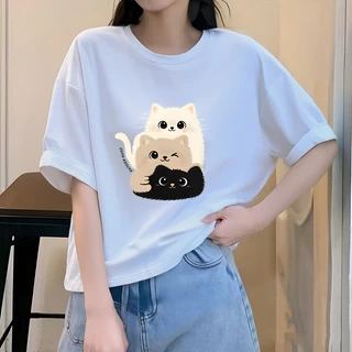เสื้อครอปแขนสั้นทรงหลวมสไตล์เกาหลี oversize เสื้อผ้าแฟชั่นมาใหม่ เสื้อยืดผู้หญิงโอเวอร์ไซส์เสื้อผ้าสาวอวบ ลายแมวน่ารัก