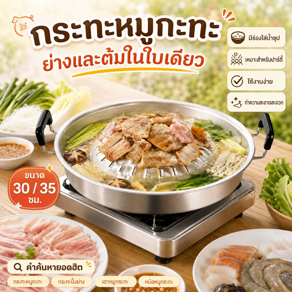 กระทะหมูกระทะ 30/35 ซม. กระทะปิ้งย่างเกาหลี อลูมิเนียม รุ่นหนา มีร่องใส่น้ำซุป ย่างและต้มในใบเดียว