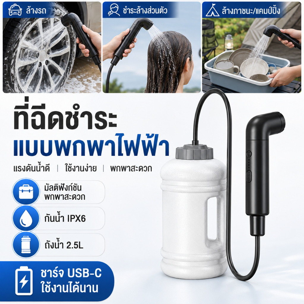 ที่ฉีดก้นพกพาไฟฟ้า 2.5L สายฉีดชำระพกพา ชาร์จ USB กันน้ำ IPX6 ปรับแรงดันน้ำได้ ใช้เดินทาง ตั้งแคมป์