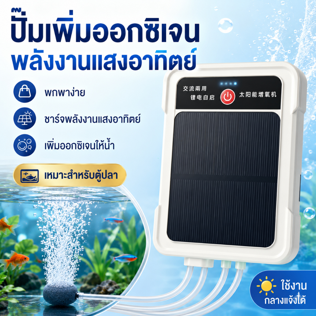 ปั๊มลมโซล่าเซลล์ 2 ระบบ (AC/DC) เปิดอัตโนมัติเมื่อไฟดับ แบตอึด ลมแรงสะใจ สำหรับตู้ปลา/ตกปลา/ขนส่งปลา พร้อมส่ง