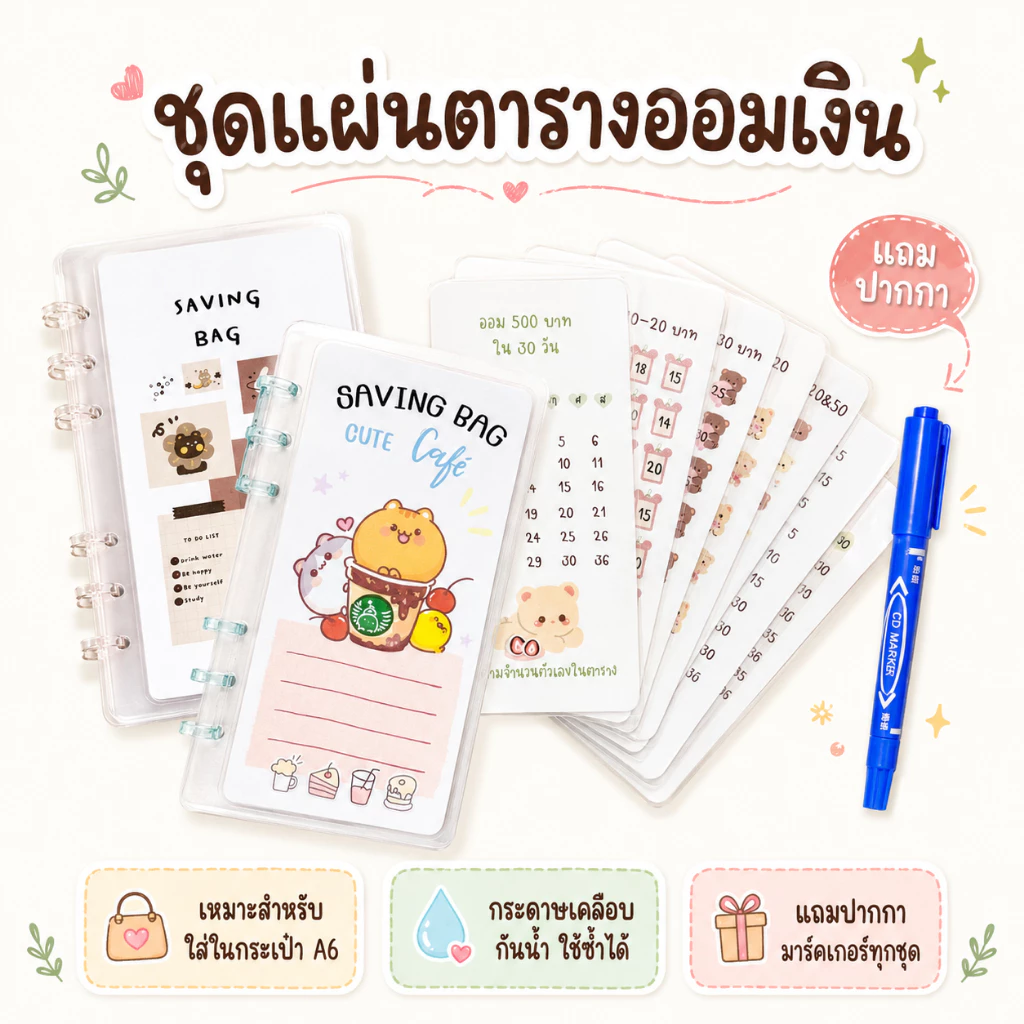 ชุดแผ่นตารางออมเงินแถมปากกามาร์คเกอร์ สามารถเก็บเงินได้ 10,000 บาทขึ้นไป มีหลายแบบให้เลือก