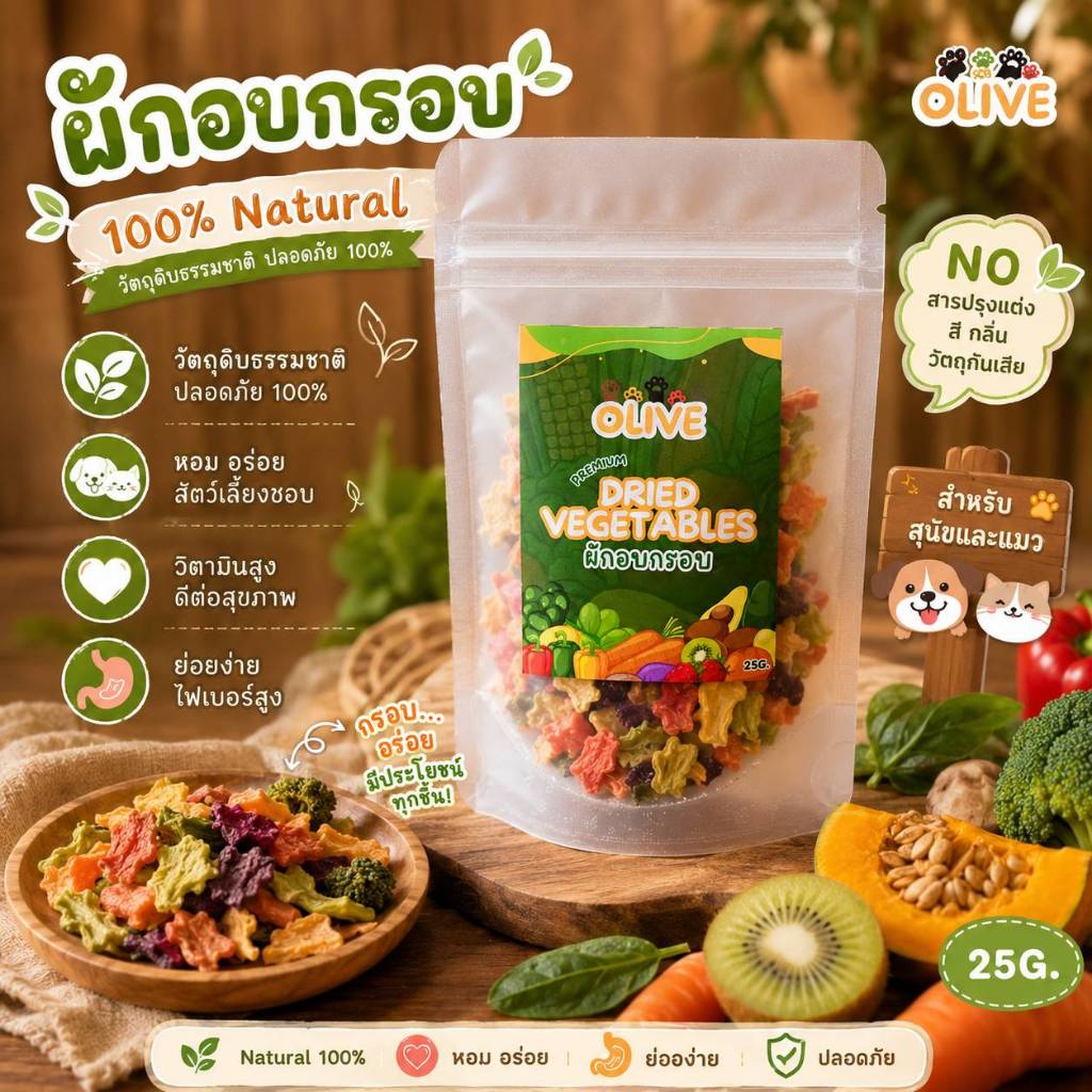 Olive Dried Vegetables ผักรวมอบกรอบพรีเมียม คัดพิเศษ ไม่เติมเกลือ สำหรับสัตว์เลี้ยง สัตว์ฟันแทะทานได้