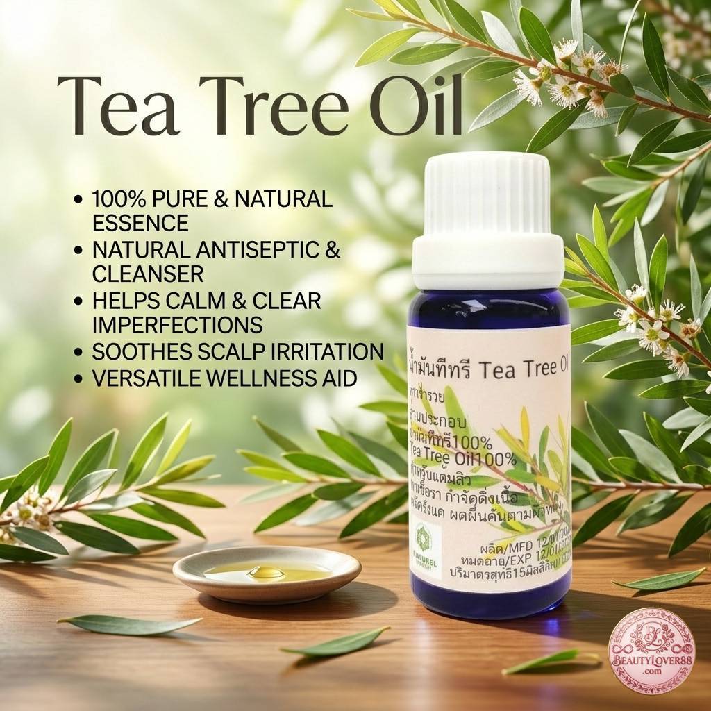 ทีทรีออย ทีทรีออยล์ น้ำมันทีทรี ออแกนิกส์ Tea Tree Oil Organic 100% สำหรับใบหน้าและผิว เป็นบั๊มที่หู