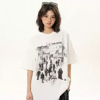 เสื้อยืดคอกลมลายพิมพ์แบรนด์ฮิต สไตล์อเมริกันไฮสตรีท ฤดูร้อน ใส่ได้ทั้งคู่รัก ทรงหลวมแขนสั้นผู้หญิง แต่งตัวแมตช์ง่าย