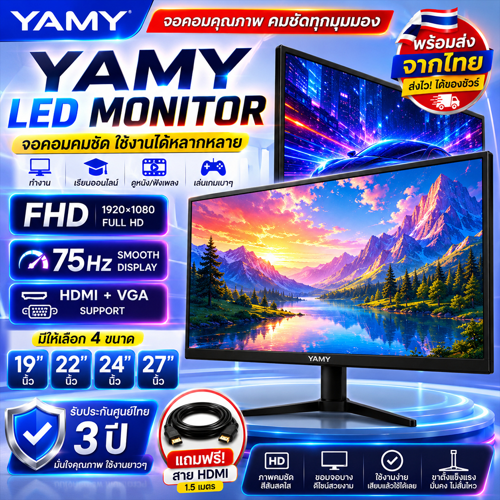 YAMY 27 นิ้ว จอคอมพิวเตอร์ 165hz จอคอม monitor 24 นิ้ว จอคอมพิวเตอร์ 2K จอโค้ง IPS 1MS เต็มจอไร้ขอบ LED UHD รับประกัน3ปี