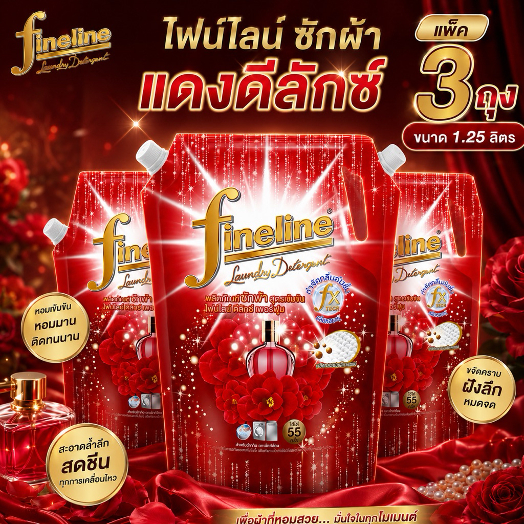 [แพ็ค3][แดงดีลักซ์]Fineline ไฟน์ไลน์ น้ำยาซักผ้า ผลิตภัณฑ์ซักผ้าสูตรเข้มข้น แดงดีลักซ์ 1250 มล. ลดกลิ่นอับ