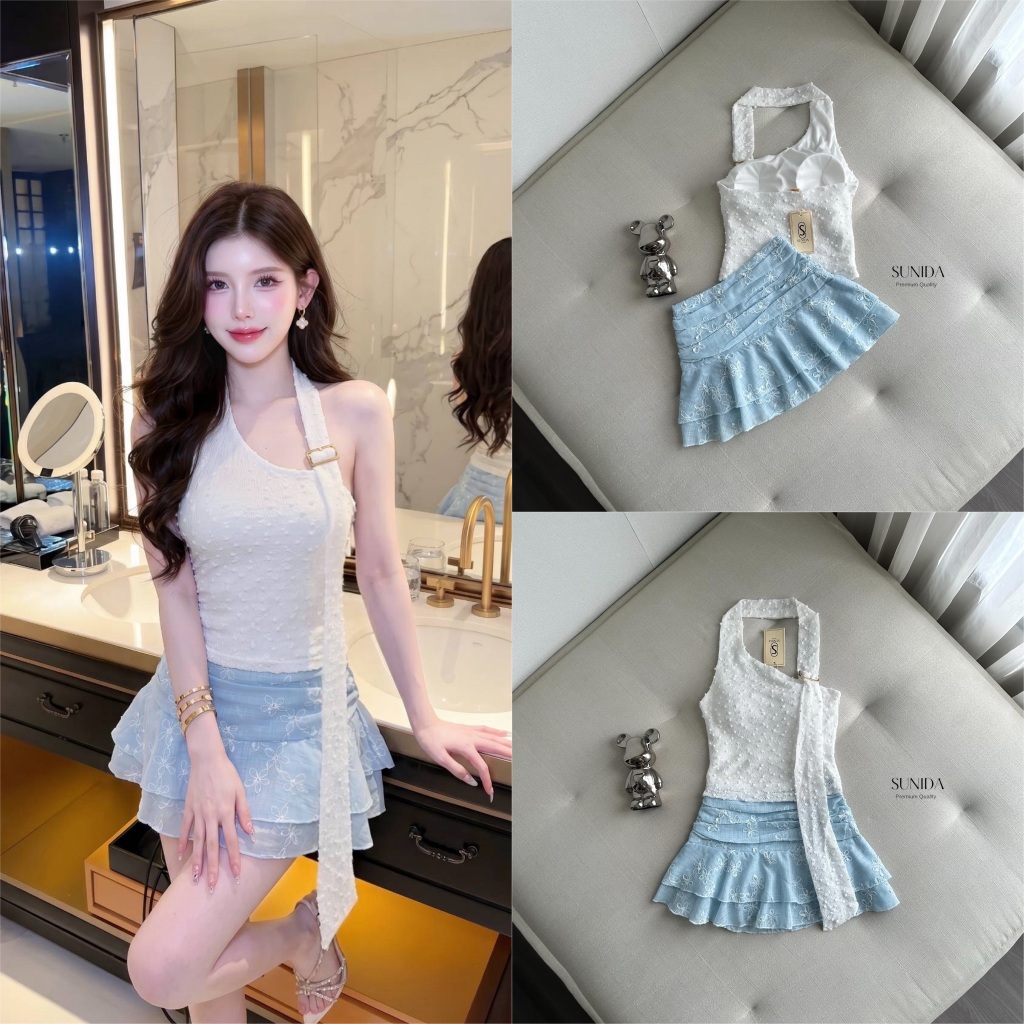SUNIDA Setเสื้อสีขาวคล้องคอ+กระโปรงสีฟ้า