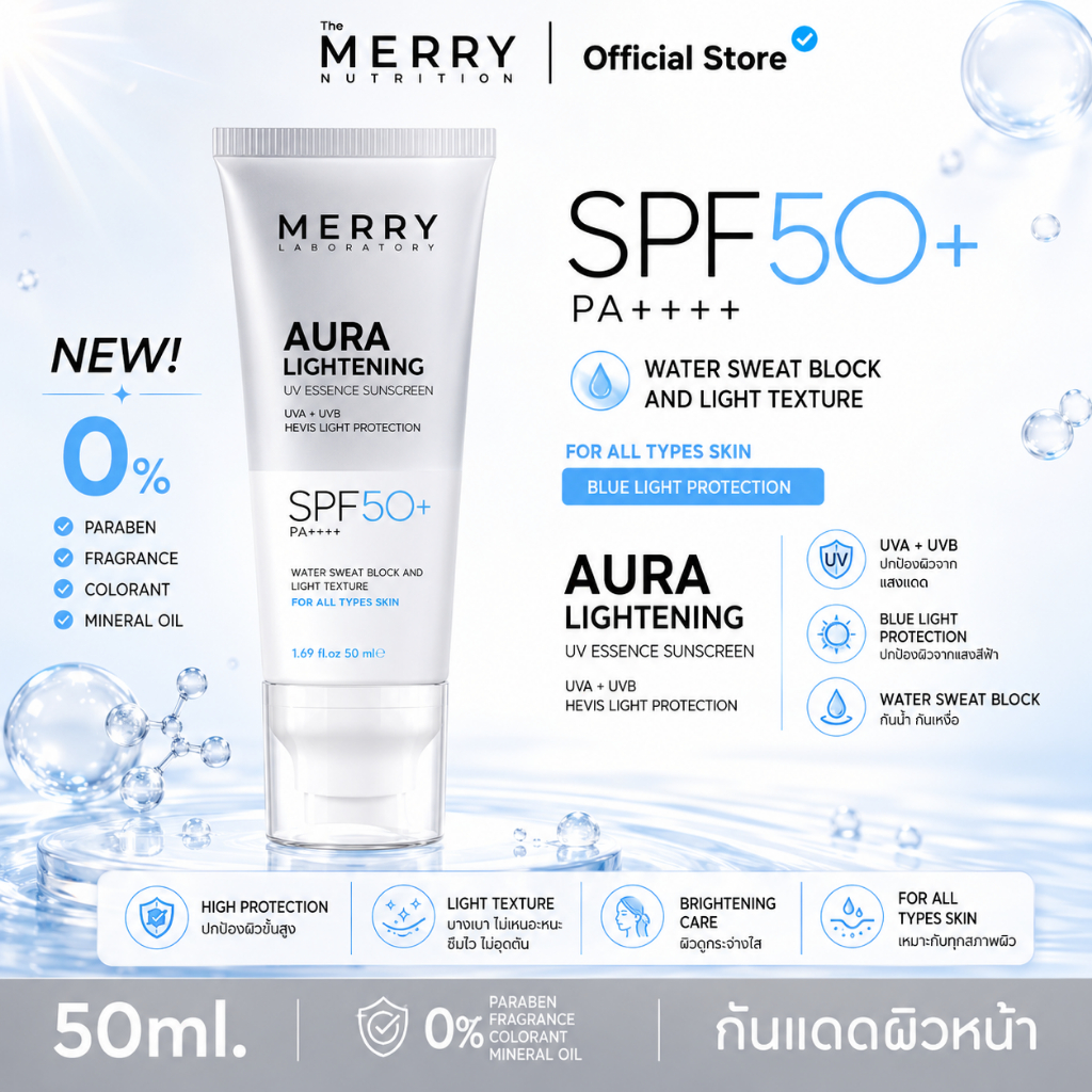 [ 1 หลอด ] MERRY LAB Aura Lightening กันแดดหน้า ออร่าไลท์เทนนิ่ง SPF50+ PA++++ 50 ml