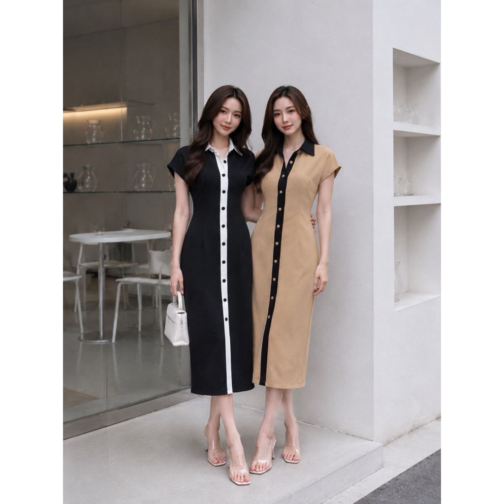 304 เดรสคอปกแขนล้ำแต่งกระดุมปั้มตัดสี 2Tone (ผ้าเทพ REEYA)