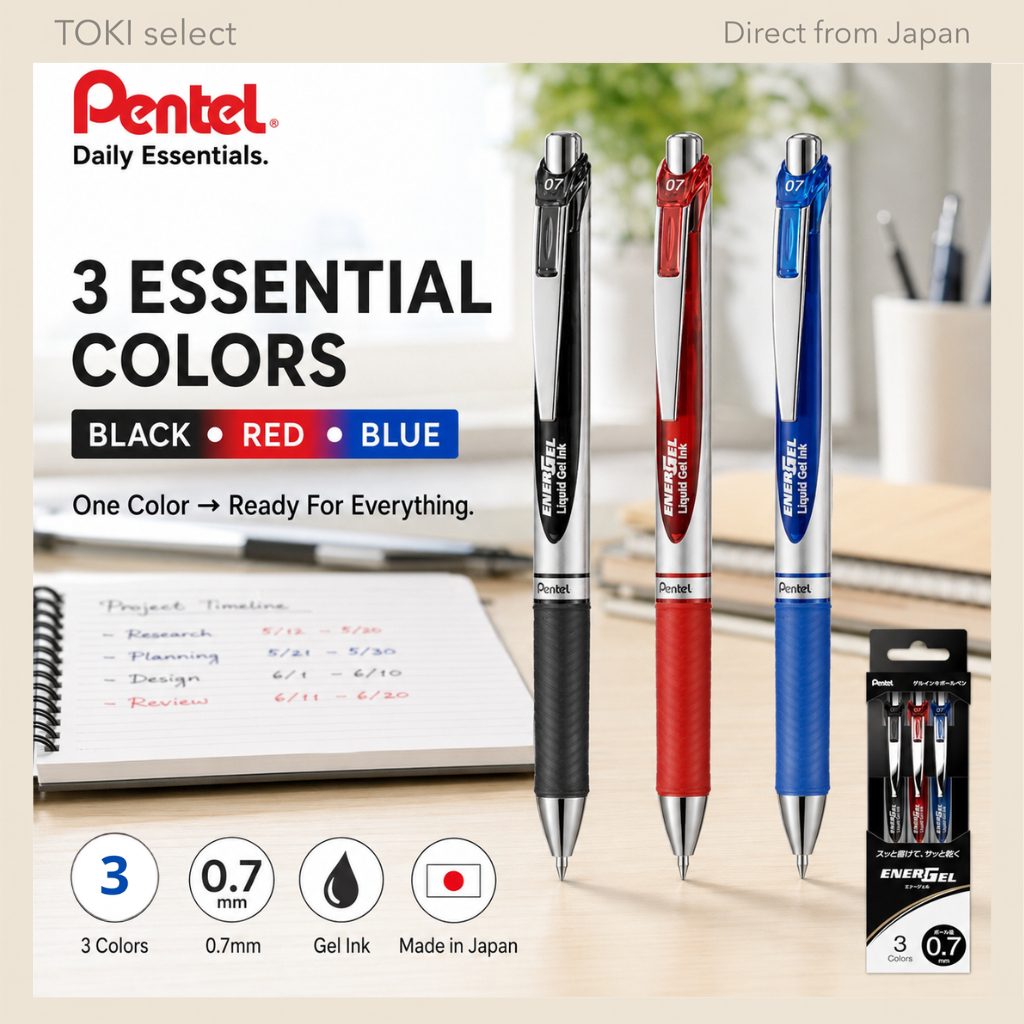 Pentel EnerGel Gel Pen 0.7mm Black Red Blue 3 Color Set BL77-3STH