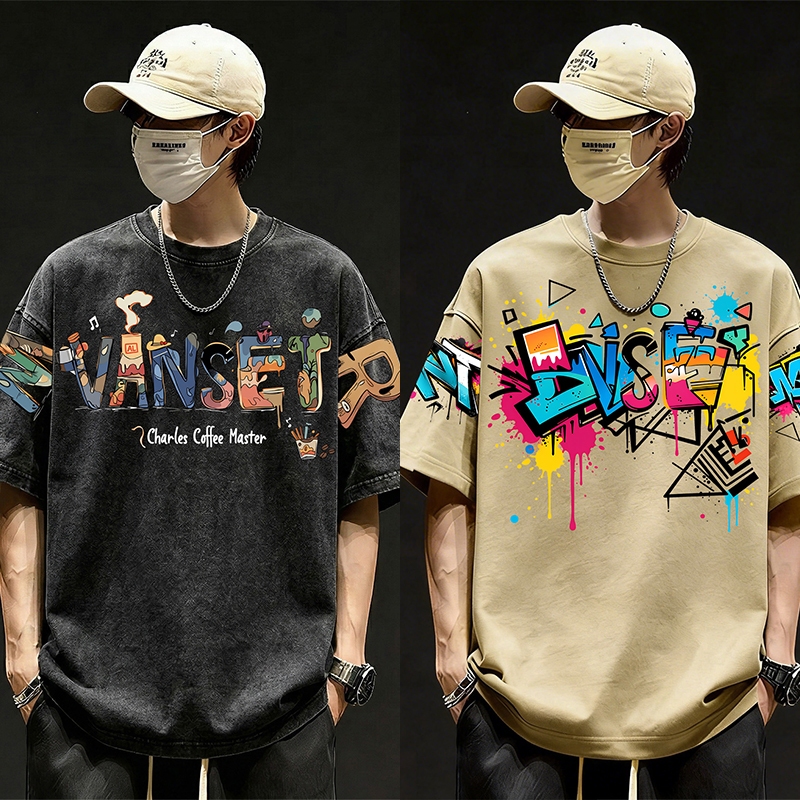 Top.street เสื้อยืด oversize วินเทจ Letters t shirt ผ้าฝ้าย แขนสั้น ใส่ได้ทั้งชาย-หญิง เสื้อฟอกดำ 3xl