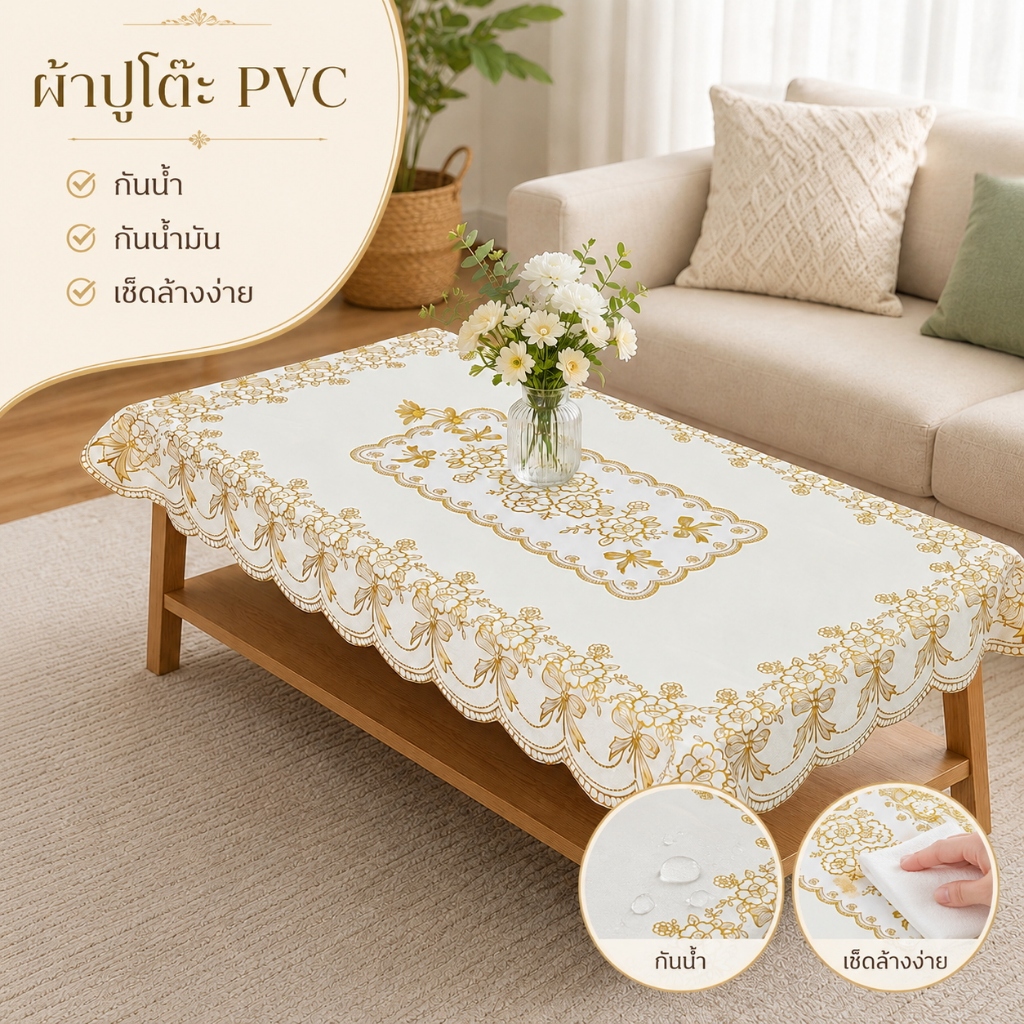 ผ้าปูโต๊ะลูกไม้ PVC สีทอง สีแดง สีฟ้า สีส้ม กันน้ำ กันน้ำมัน ทนคราบสกปรก ไม่ต้องซัก ทนความร้อน มีหลายขนาดให้เลือก