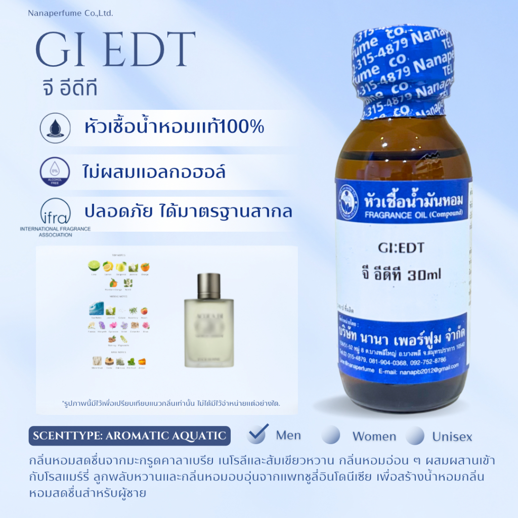หัวเชื้อน้ำหอม 100% กลิ่น จี อีดีที GI EDT