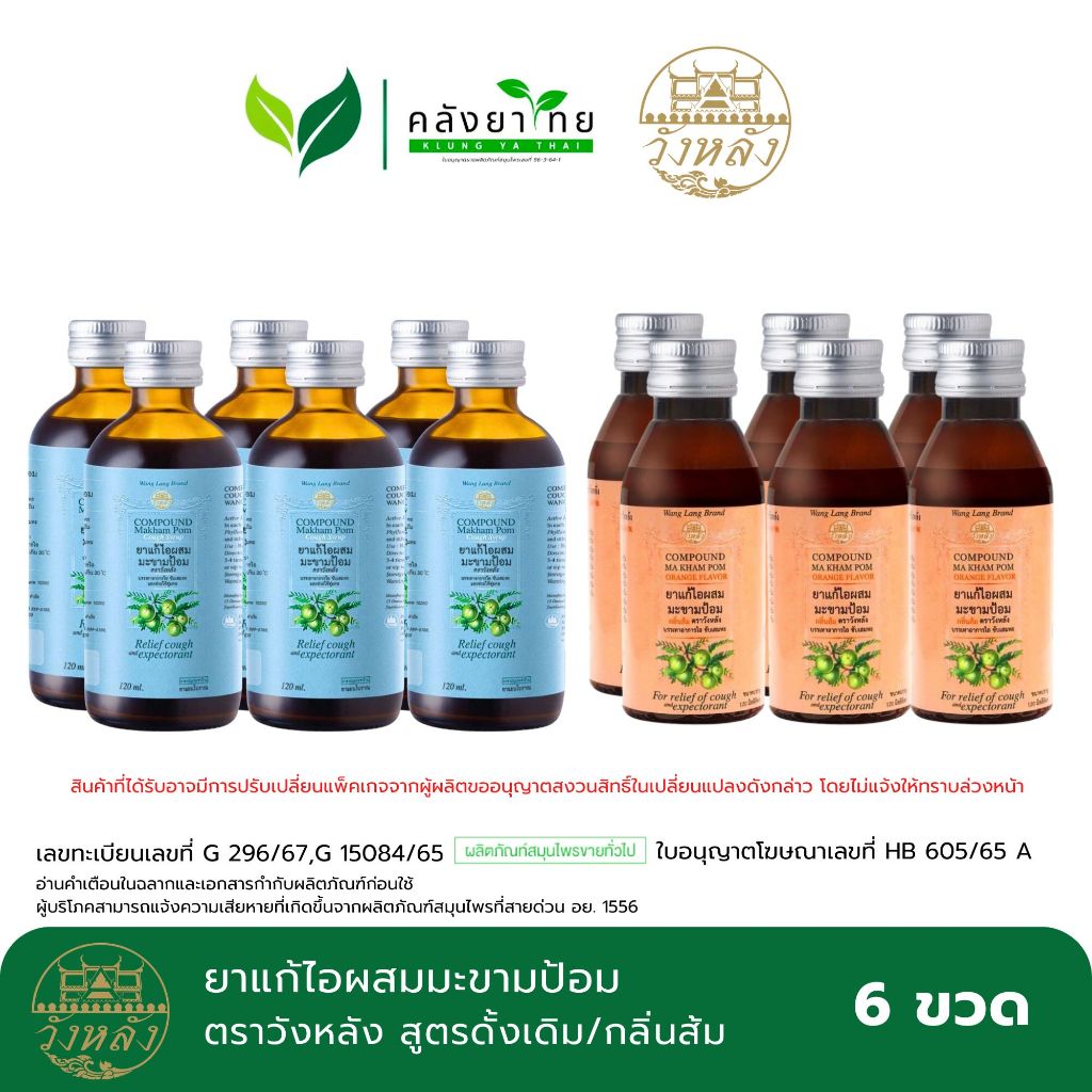 [แพ็ค 6 ขวด] Wang Lang วังหลัง ยาน้ำแก้ไอมะขามป้อม 120 มล. [ดั้งเดิม/กลิ่นส้ม]
