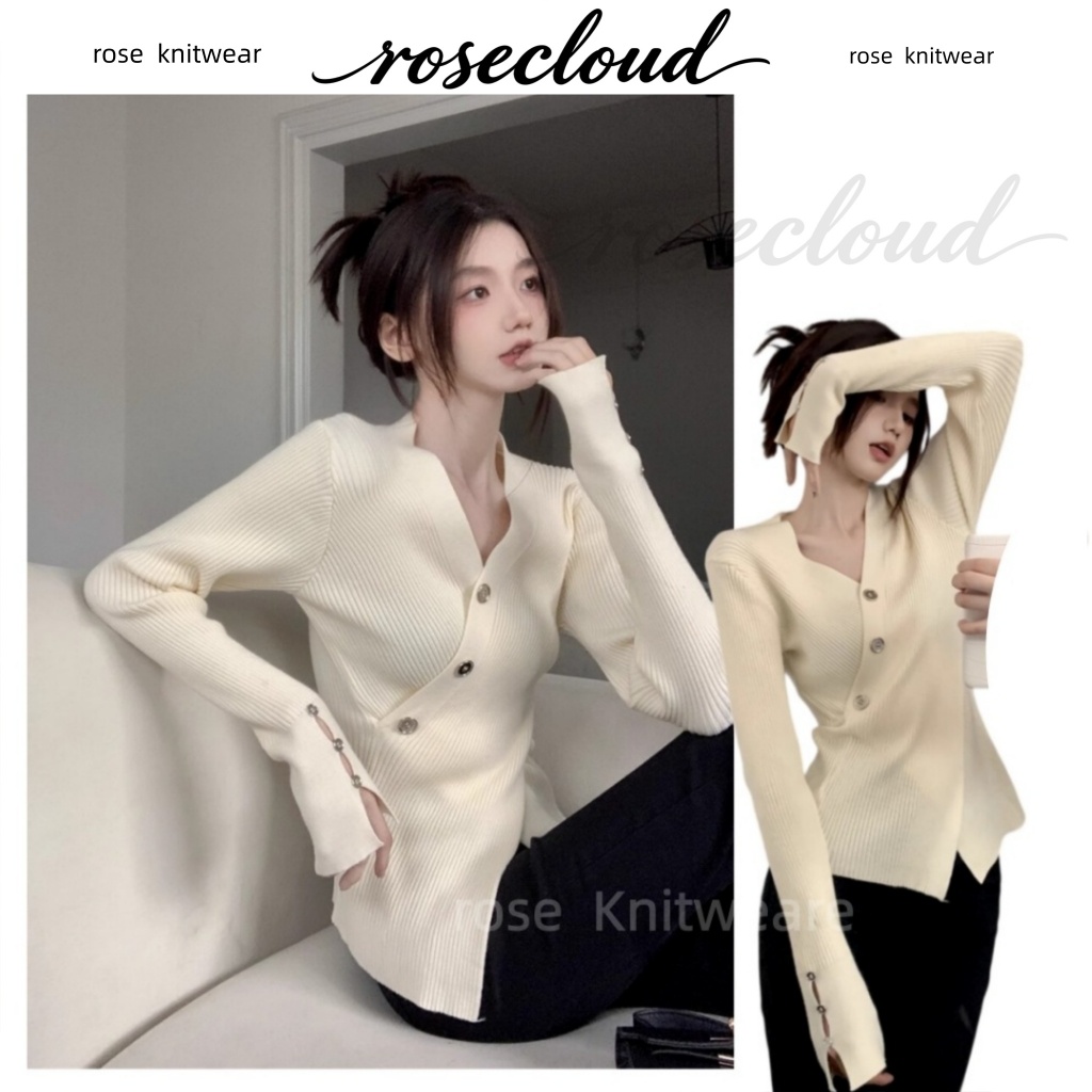 🌟rosecloud🌟เสื้อถักสำหรับผู้หญิง สไตล์เกาหลี คอวี เสื้อถักทันสมัย ​​ช่วยให้ดูผอมเพรียว เนื้อผ้ายืดหยุ่น6546