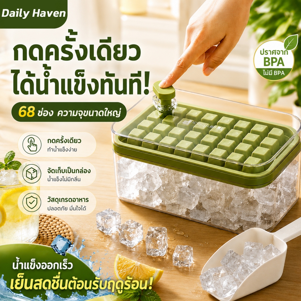 แม่พิมพ์ทำน้ำแข็ง ถาดทำน้ำแข็ง ที่ทำน้ำแข็ง มี กล่องเก็บ 68 ช่อง 2ชั้น กด ออก ง่าย ซิลิโคน เกรด อาหาร ถาด น้ำแข็ง คาเฟ่