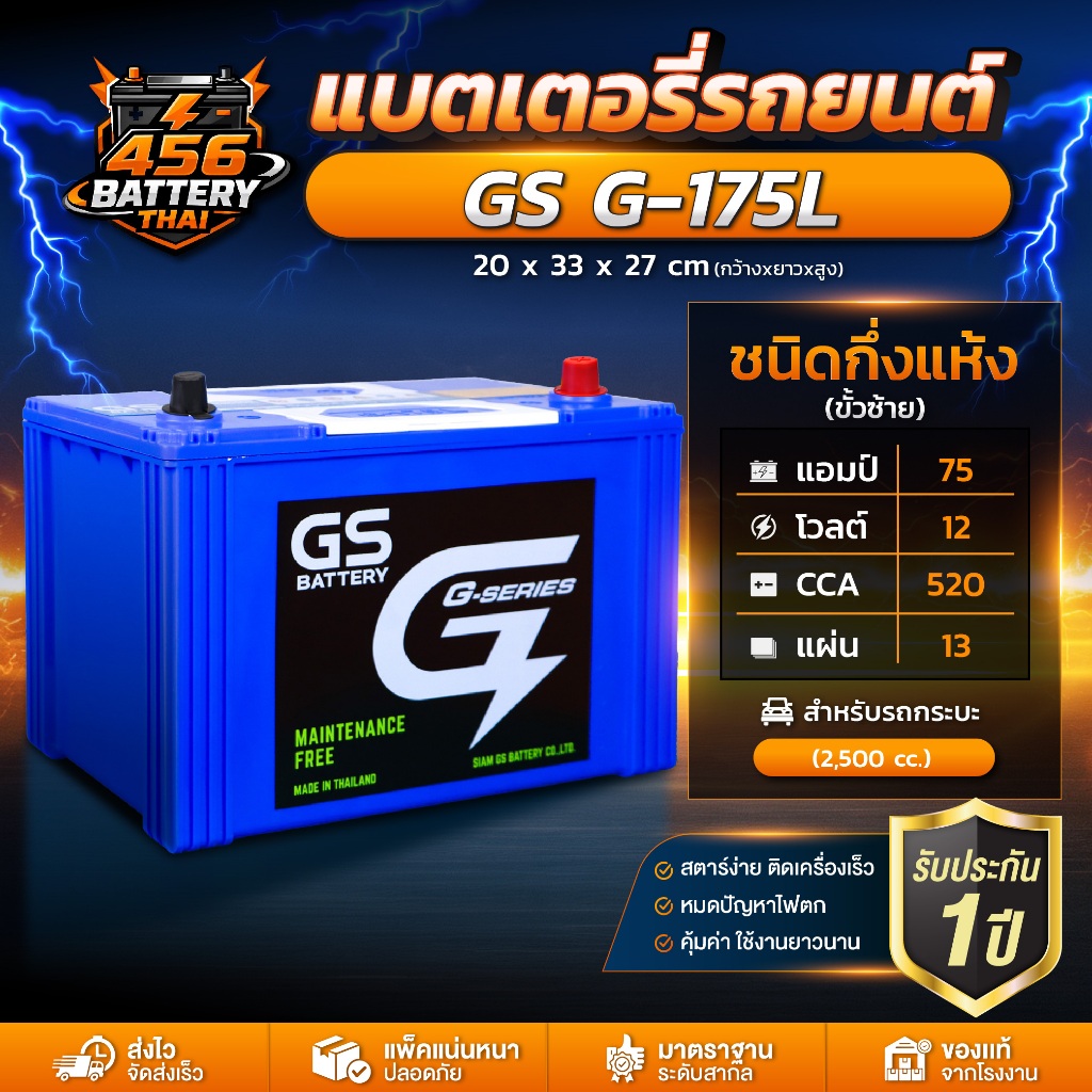 แบตรถยนต์ GS G-175 แบตเตอรี่กึ่งแห้ง จี เอส สำหรับกระบะ 2.5 cc. 75Ah. CCA520 พร้อมส่ง