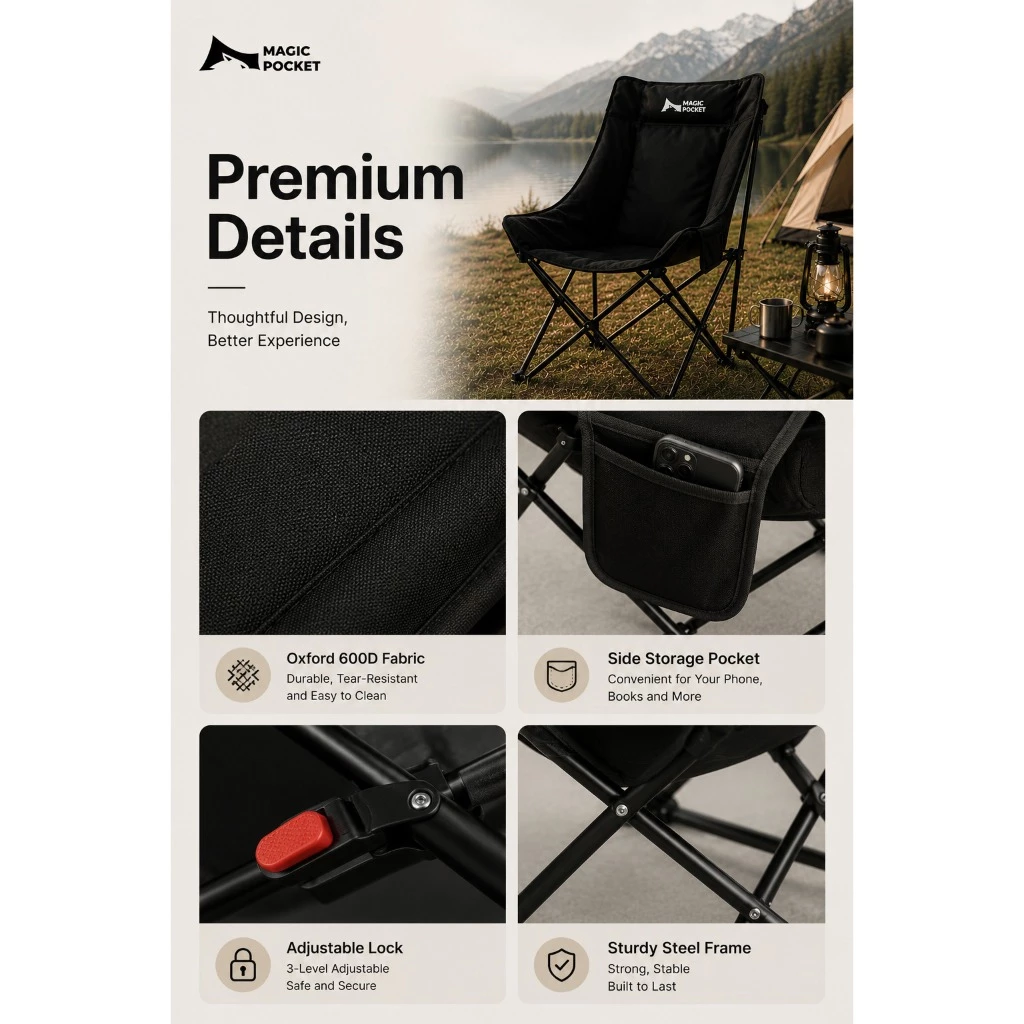 Magic Pocket เก้าอี้แคมป์ปิ้งพับได้ พนักพิงสูง รับน้ำหนัก 300KG แถมถุงเก็บ thumbnail 8