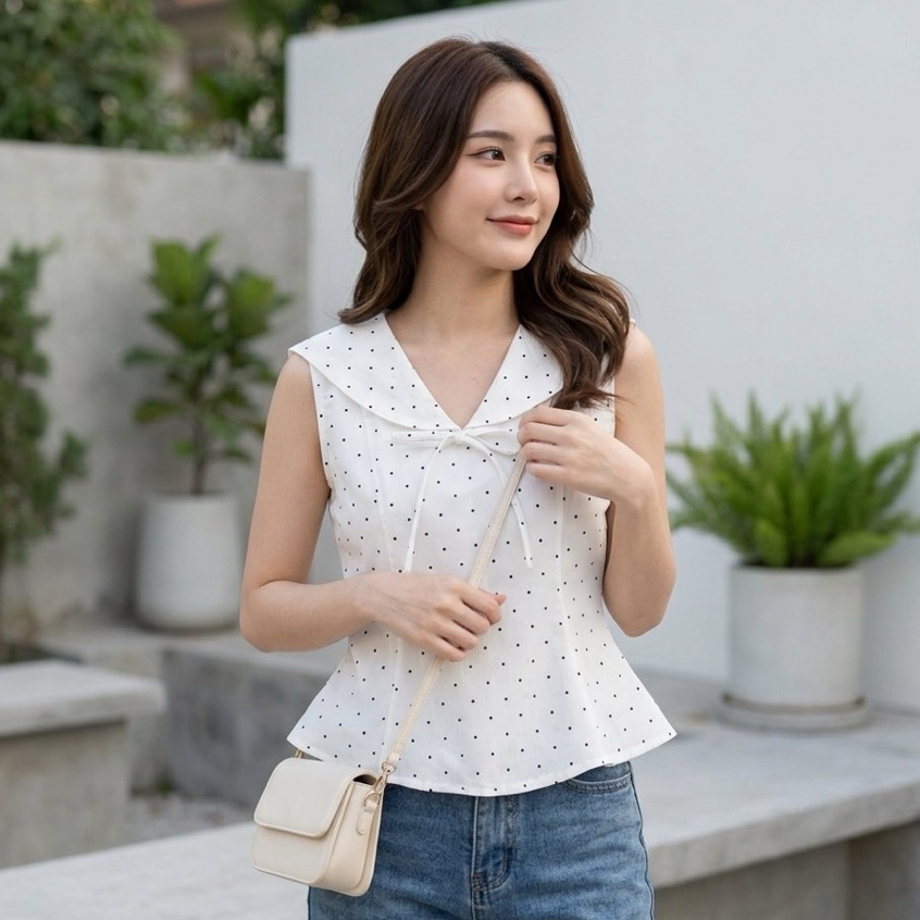 🇹🇭 ครอปลายจุดระบายชาย-Navy Ruffleใส่แล้วดูผอม เอวชัด พรางพุง 🔴ส่งไว🔴⚡ 👉เก็บโค้ดหน้ากิจกรรม โค้ดลด 30% สูงสุด 150.-