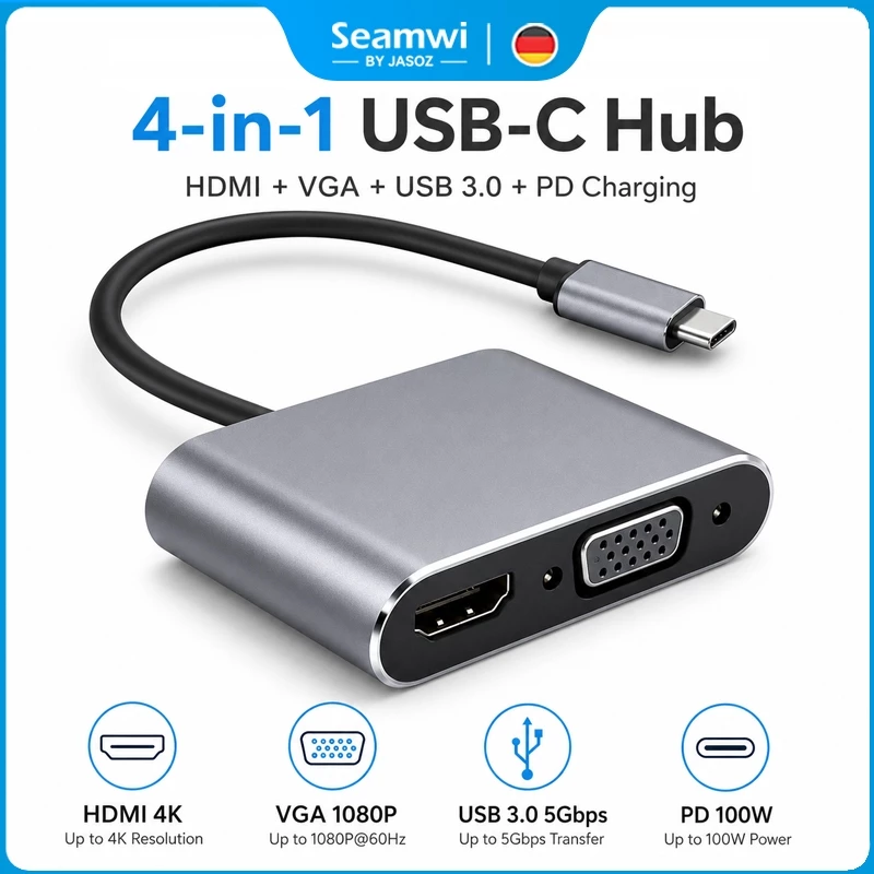 ⚡COD⚡Seamwi USB C to HDMI VGA Adapter 4 In 1 Dock Station Hub Type C เป็น HDMI เข้ากันได้กับ Macbook