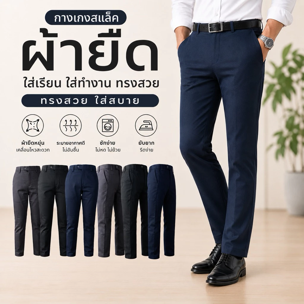 กางเกงสแล็ค ผ้ายืด ใส่ทำงาน ใส่เรียน ทรงสวย เข้ารูป ทรงกระบอกเล็ก