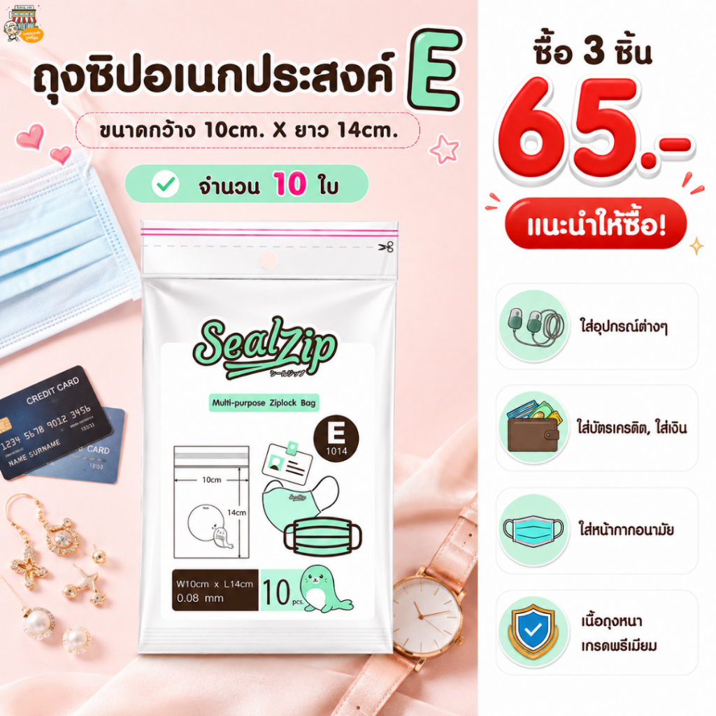 ถุงซิปอเนกประสงค์ SealZip E ขนาด 10×14cm เก็บบัตร ใส่เงิน ใส่แมส แพ็คละ 10 ใบ ใช้ง่ายพกสะดวก
