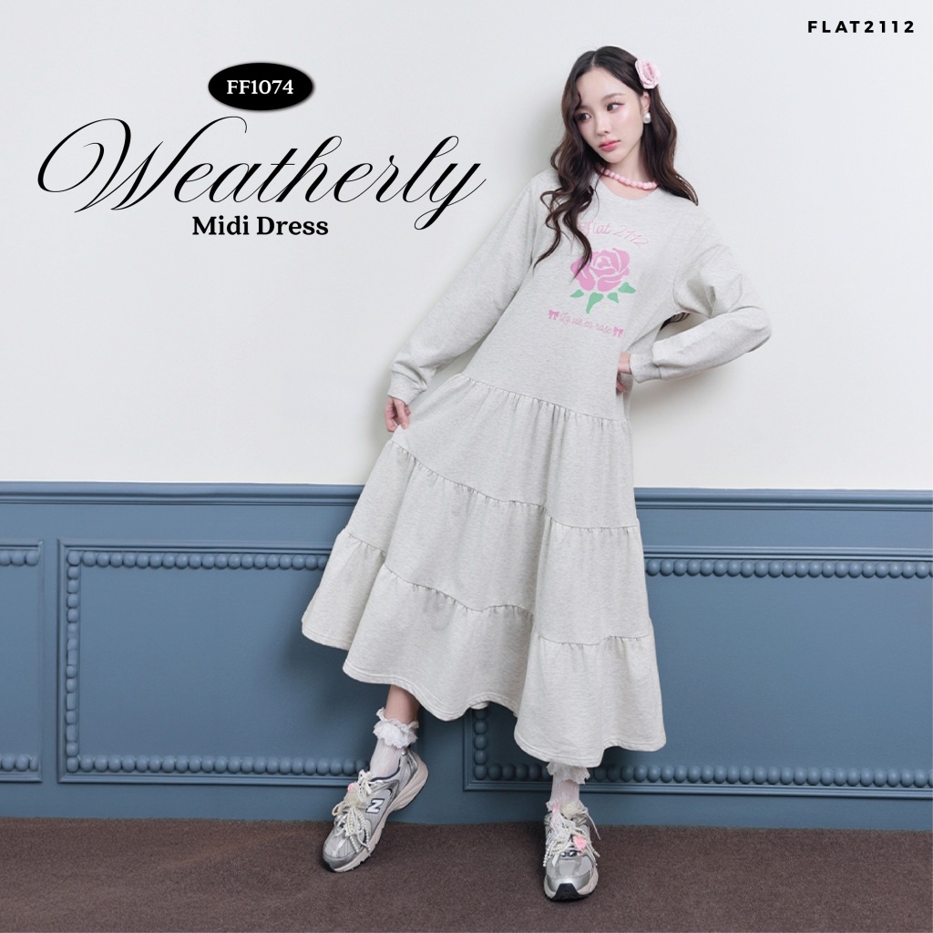 FLAT2112 FF1074 : WEATHERLY MIDI DRESS เดรสยาว  เดรสโอเวอร์ไซส์  เดรสแขนยาว  แฟชั่นผู้หญิง
