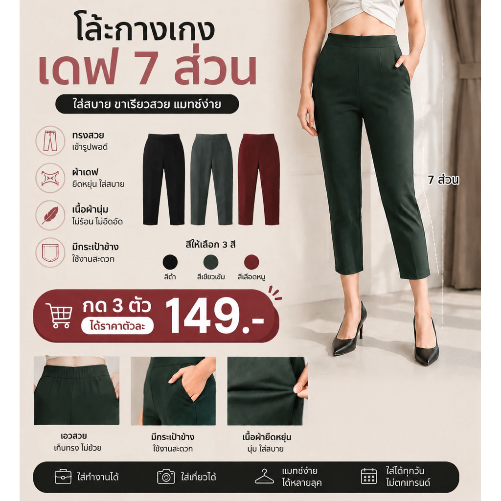 โล๊ะ สต็อค กางเกงผ้าฮานาโกะ 7 ส่วนเดฟ สินค้าพร้อม