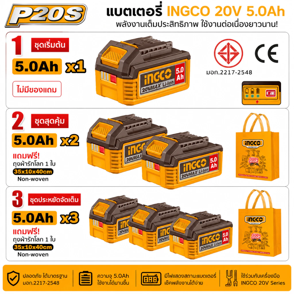 INGCO แบตเตอรี่ลิเทียมไอออน 20V ความจุ 5.0Ah รุ่น FBLI20031 มีตัวเลือกแพ็ค 1 ก้อน / 2 ก้อน / 3 ก้อน กรุณาเลือกตัวเลือก