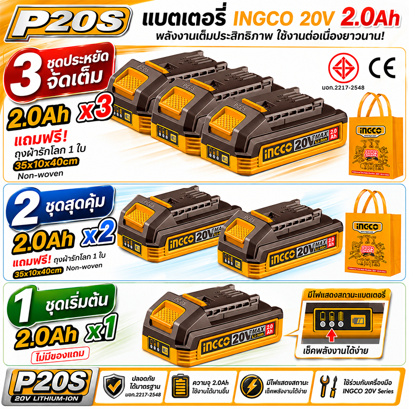 INGCO แบตเตอรี่ ลิเทียมไอออน 20V ความจุ 2.0Ah (มีตัวเลือก 1 / 2 / 3 ก้อน) รุ่น  FBLI20011