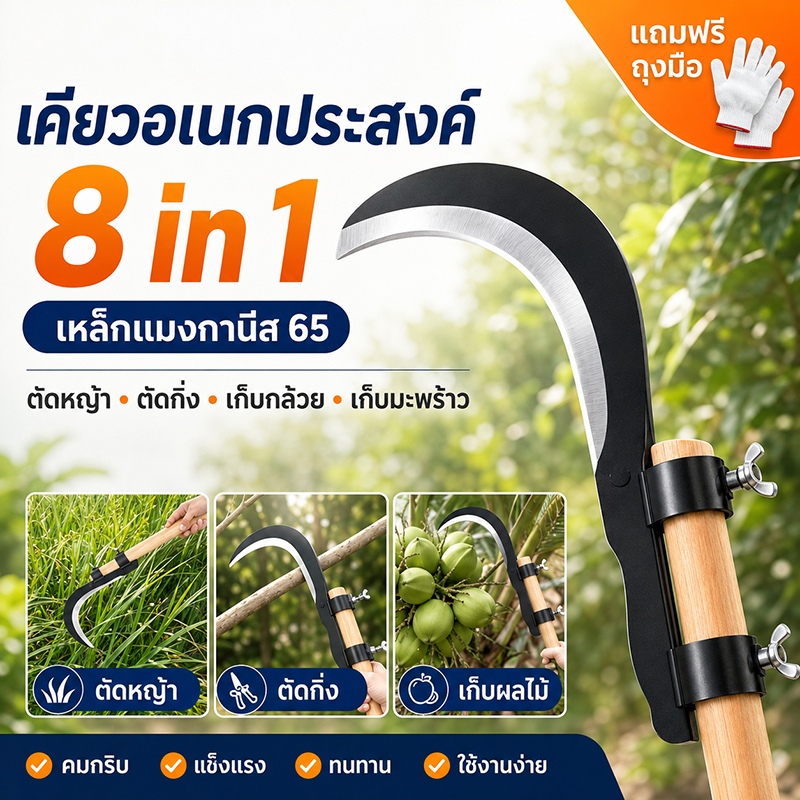 เคียวอเนกประสงค์ 8in1 เคียวตัดกิ่งสูง เคียวด้ามยาว เก็บกล้วย เก็บมะพร้าว ตัดหญ้า ตัดกิ่ง ใบมีดเหล็กแมงกานีส65