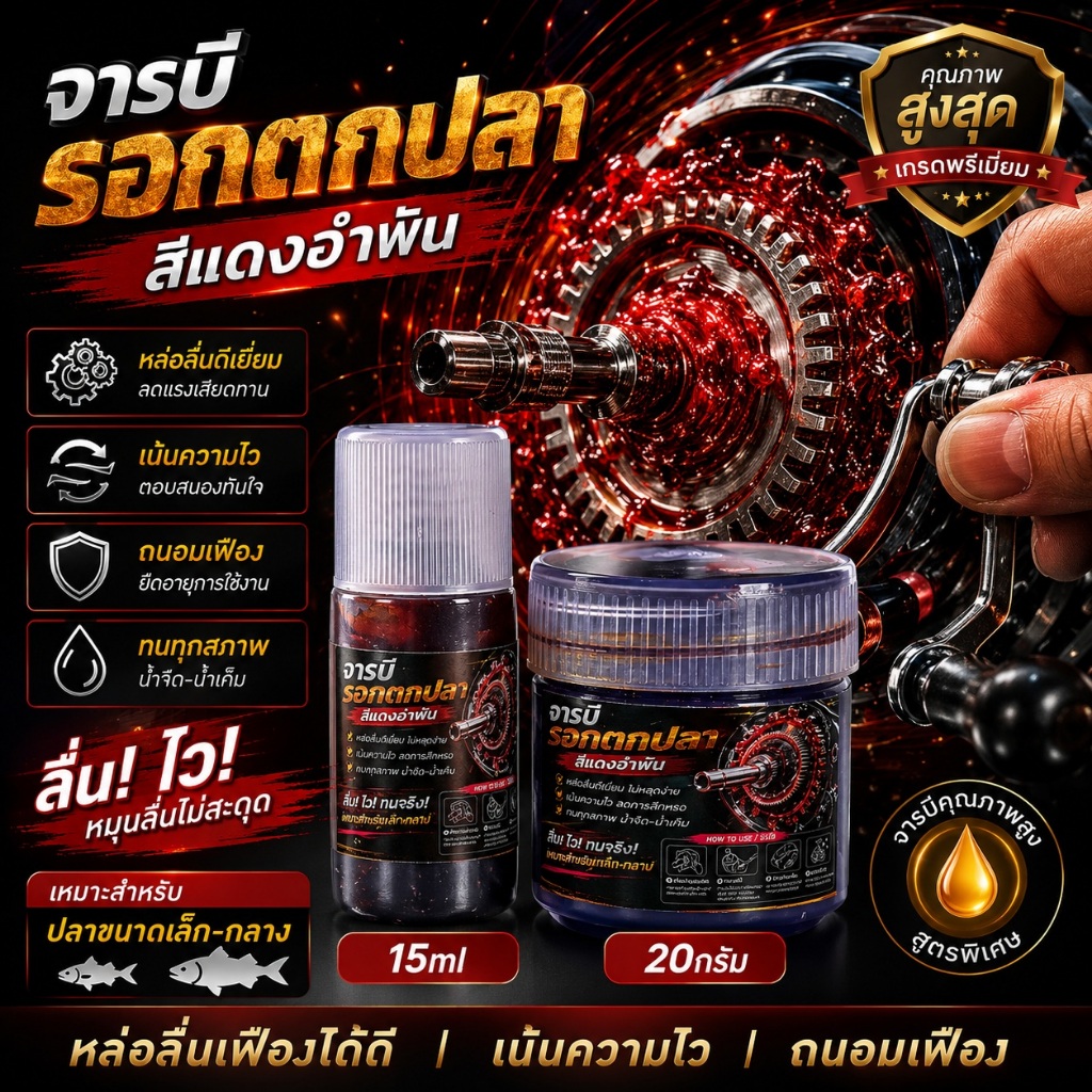 จารบีรอกตกปลาแบบมใหม่สูตรพิเศษช่วยให้จาระบียึดเกาะบนเฟืองและชิ้นส่วนโลหะได้แน่น