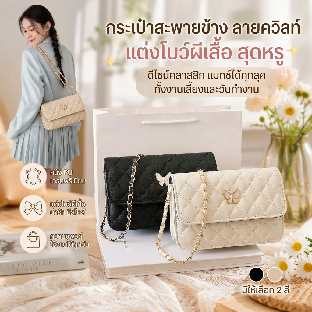 สุดฮิต✨กระเป๋าสะพายข้างทรงสี่เหลี่ยม ลายตาราง หนัง PU ติดห่วงผีเสื้อ โซ่สีทอง ดีไซน์เรียบง่าย พร้อมส่ง COD