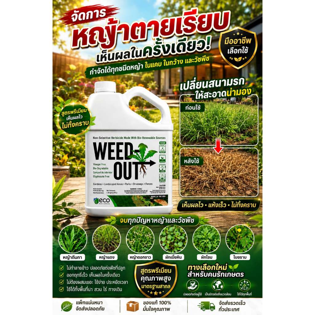 🌿 WEEDOUT สูตรใหม่แรงกว่าเดิม ขนาด 1,000ml. ส่งฟรี ของแท้ ประหยัดค่ายา ประหยัดค่าแรง ดูแลแปลงปลูกได้ง่ายกว่าเดิม