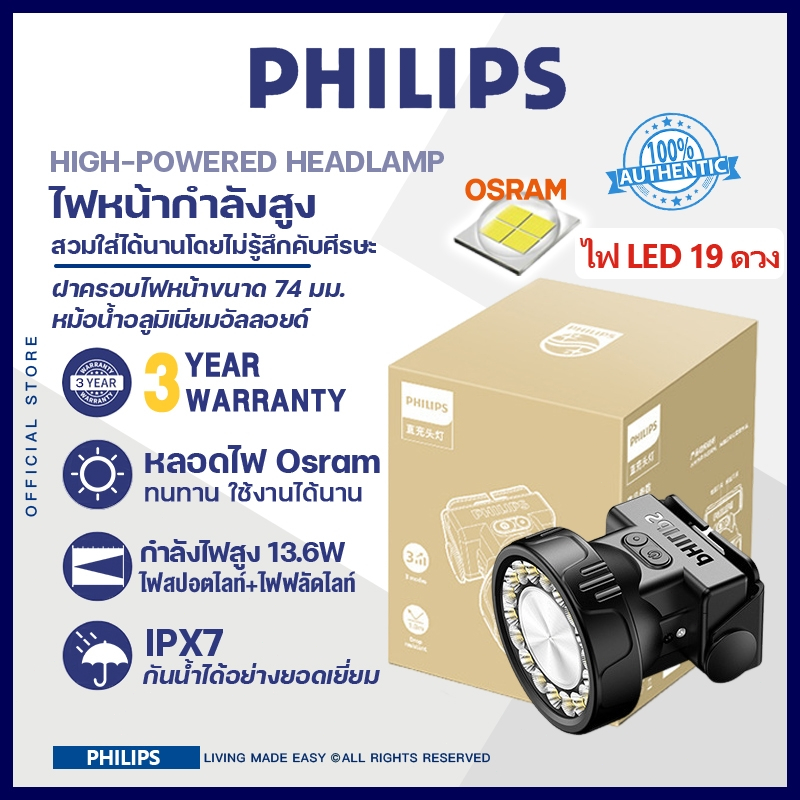 Philips ใหม่ ไฟฉายคาดหัว 19LED ไฟสปอตไลท์+ไฟฟลัดไลท์ กำลังไฟสูง 13.6W กันน้ำด้วยเซ็นเซอร์ 160g ถ้วยแสงขยายสูง เลนส์สูง