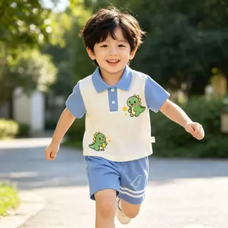 ชุดเด็กคอปกไดโนเสาร์น่ารัก เสื้อโปโลแขนสั้น+กางเกงขาสั้น ผ้านุ่ม ระบายอากาศดี